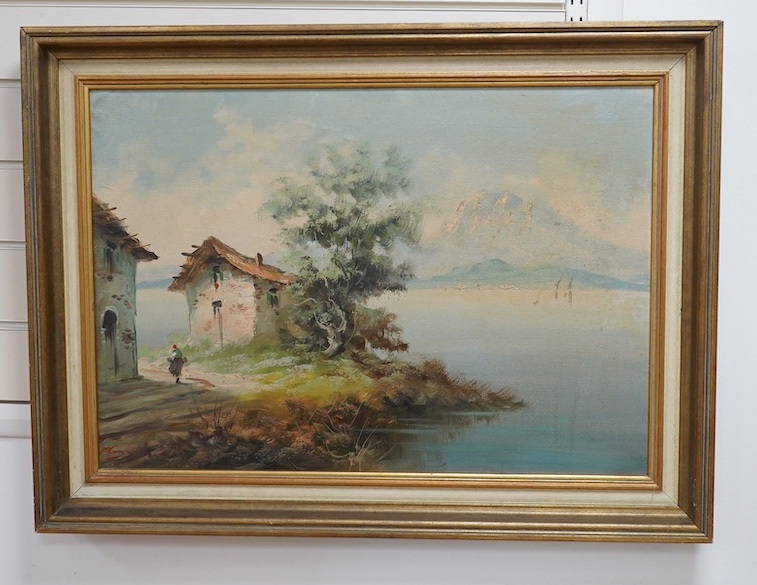 Italian School, oil on canvas, Lakeside landscape with mountains, 46 x 66cm. Condition - fair to good, some surface dirt